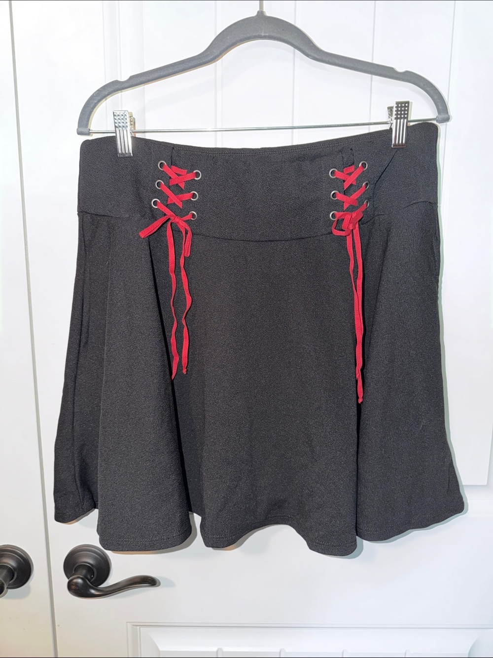 Black Skater Skirt with Red Lace-Up Detail